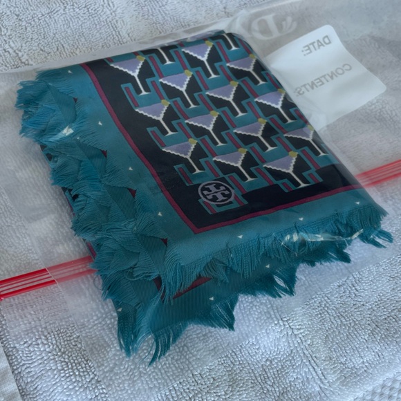 Tory Burch Martini Glass Art Deco Silk Neckerchief Square Scarf - 18” X 18” 💙🩵 - Picture 13 of 16